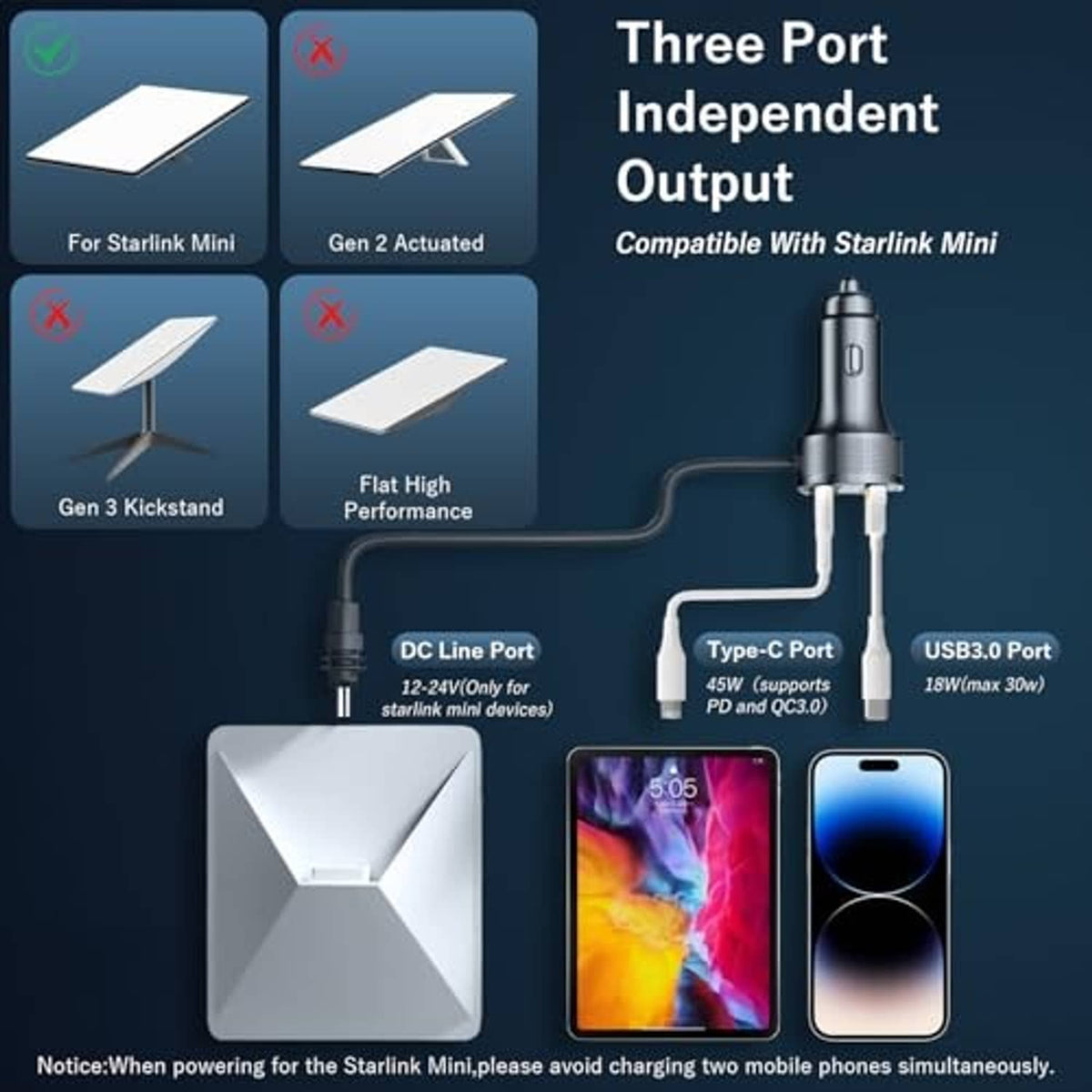 3-port car charger with DC, Type-C, and USB 3.0 ports attached to power cable
