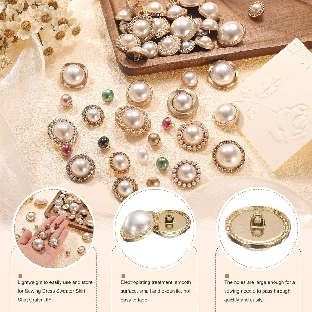 Pearl-look gold round buttons assortment scattered on fabric for crafts and clothing