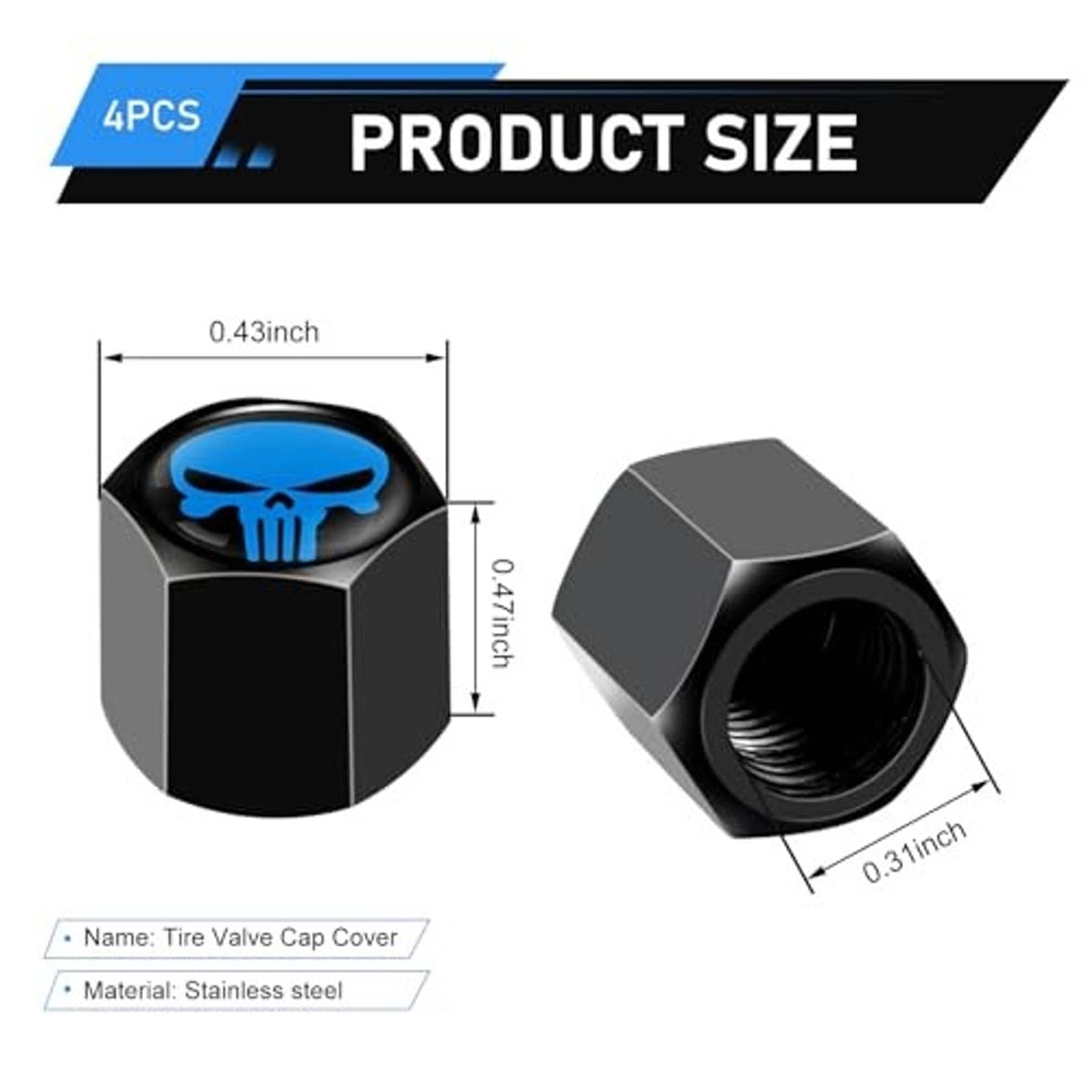 Alloy valve stem caps set with blue skull emblems, 4 pcs, hex design