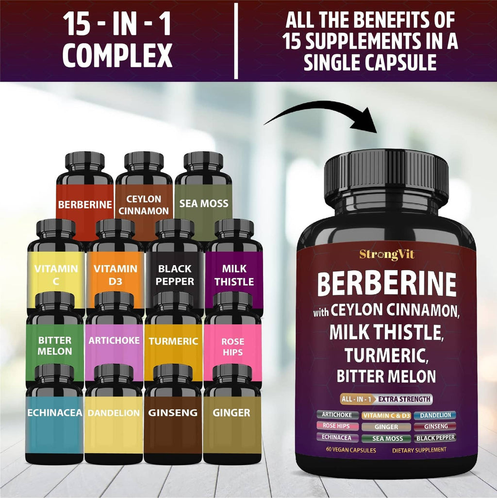 StrongVit berberine supplement bottle with “15-in-1” benefit icons and capsule display