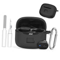 Black silicone earbud charging case with earbuds inside and attached carabiner clip