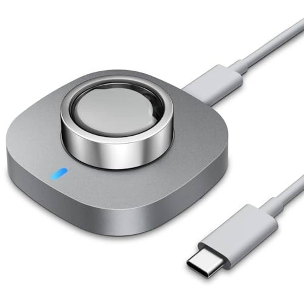Gray smart ring charging dock with centered circular cradle and USB-C cable