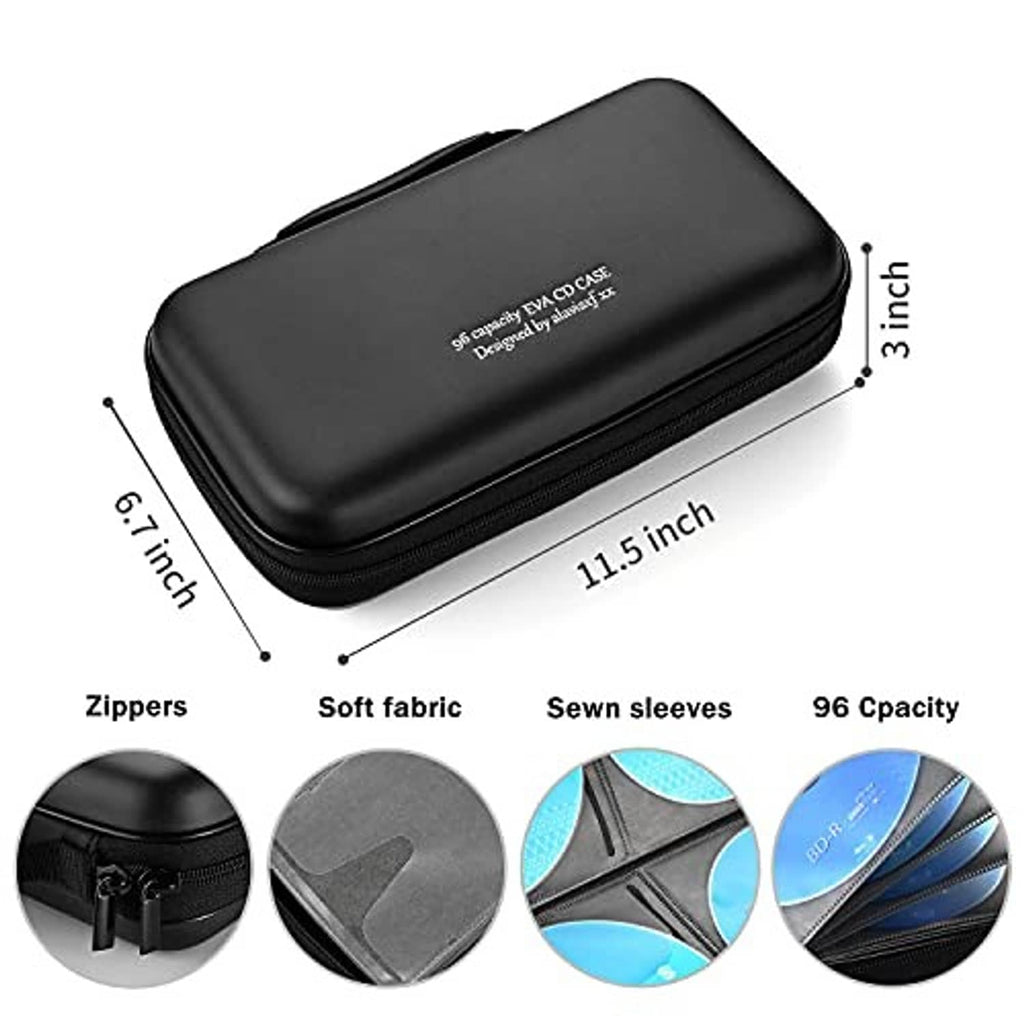 Black hard EVA CD case, 11.5 x 6.7 x 3 in, zippered with sewn sleeves.