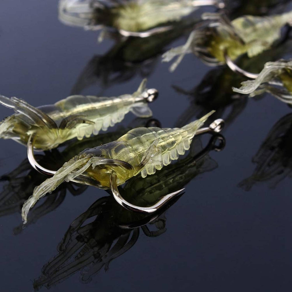 Yellow-green translucent shrimp lure close-up with silver hook and ribbed body details