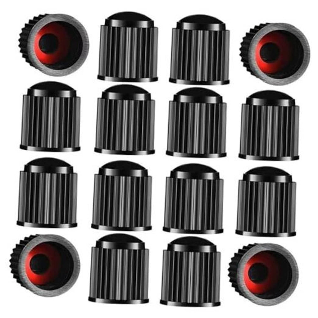 Black tire valve stem caps 24-pack with red rubber sealing ring, multiple angles