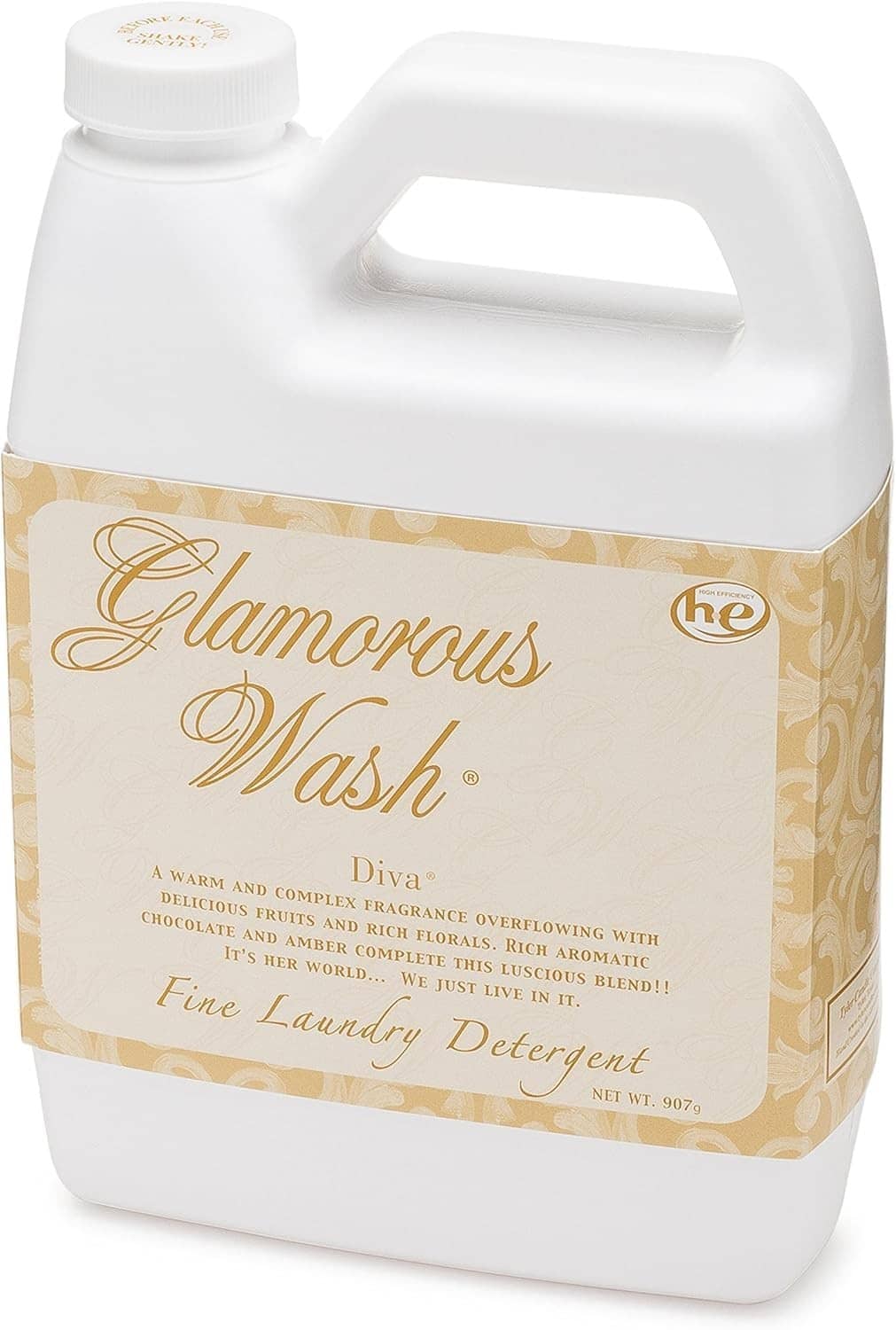 Liquid laundry detergent jug with Glamorous Wash Diva floral label, white bottle