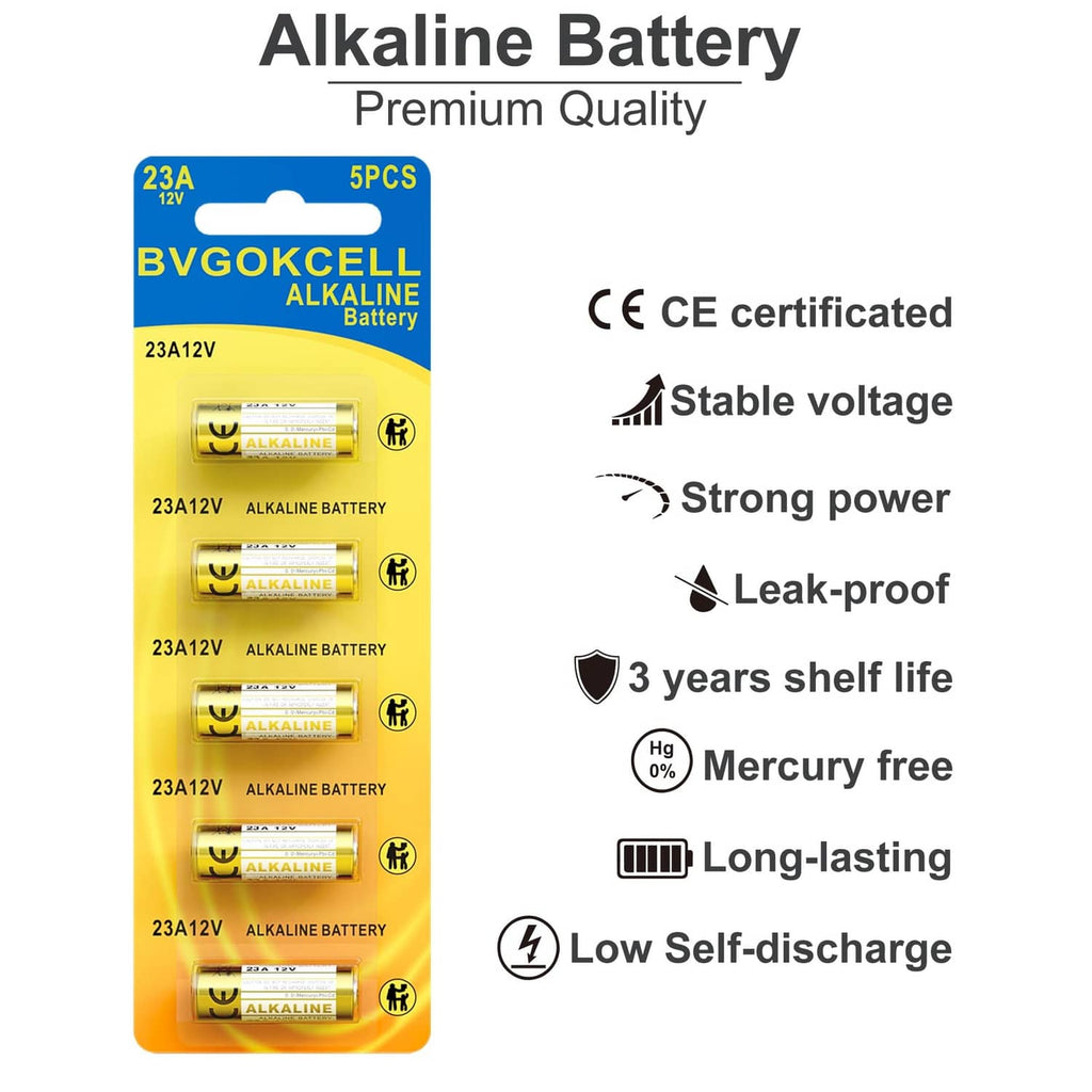 23A 12V alkaline battery 5-pack blister pack, front view