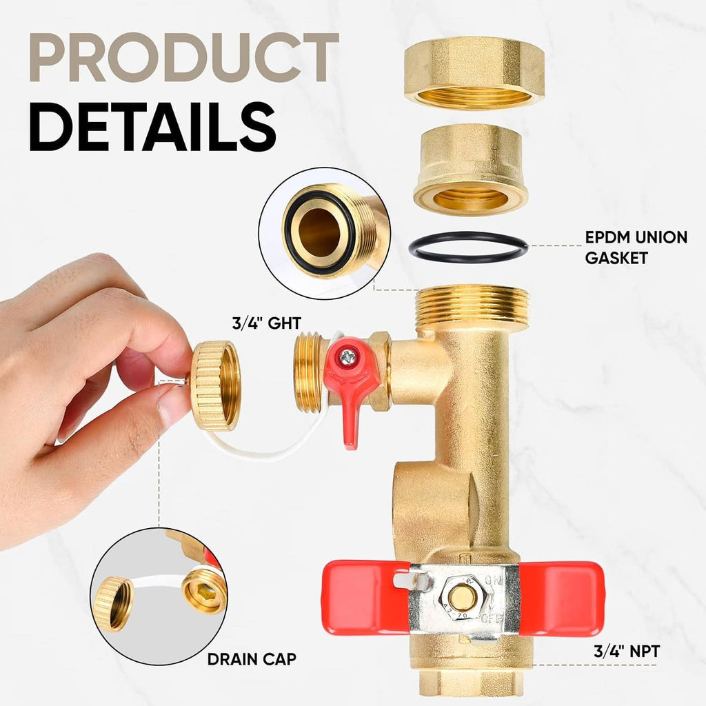 Brass isolator service valve with drain cap, union gasket, and O-ring seal