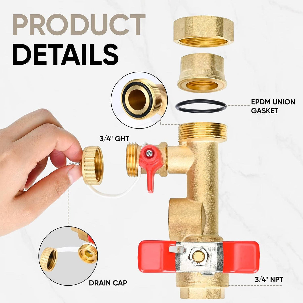 Brass isolator service valve with drain cap, union gasket, and O-ring seal