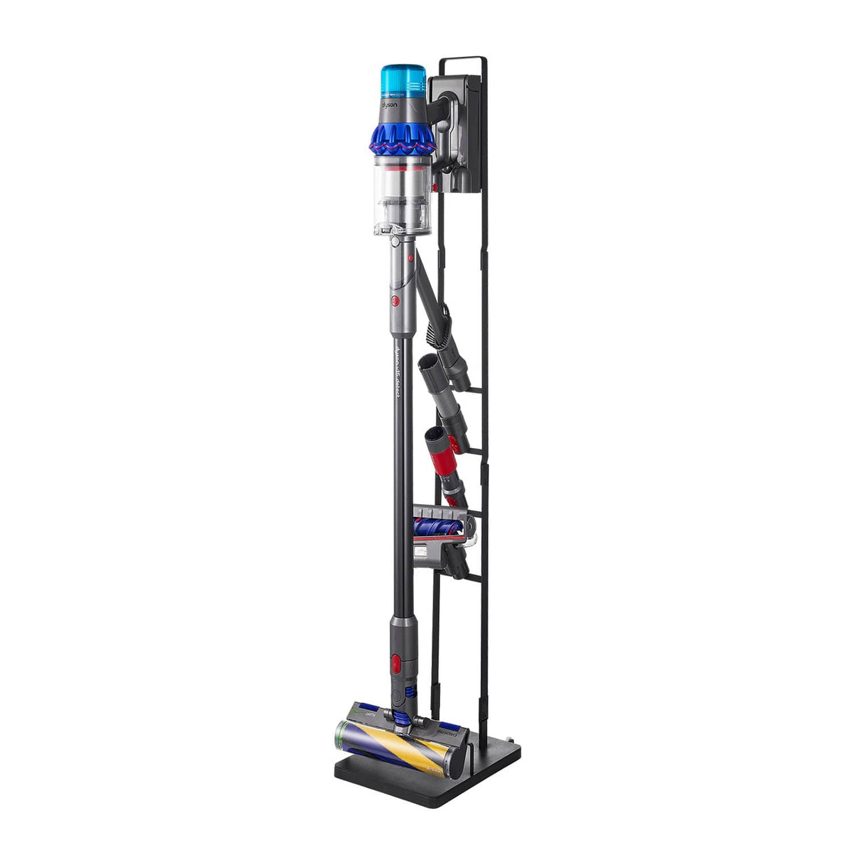 Black vacuum stand with base holding a cordless vacuum and floor cleaning tool
