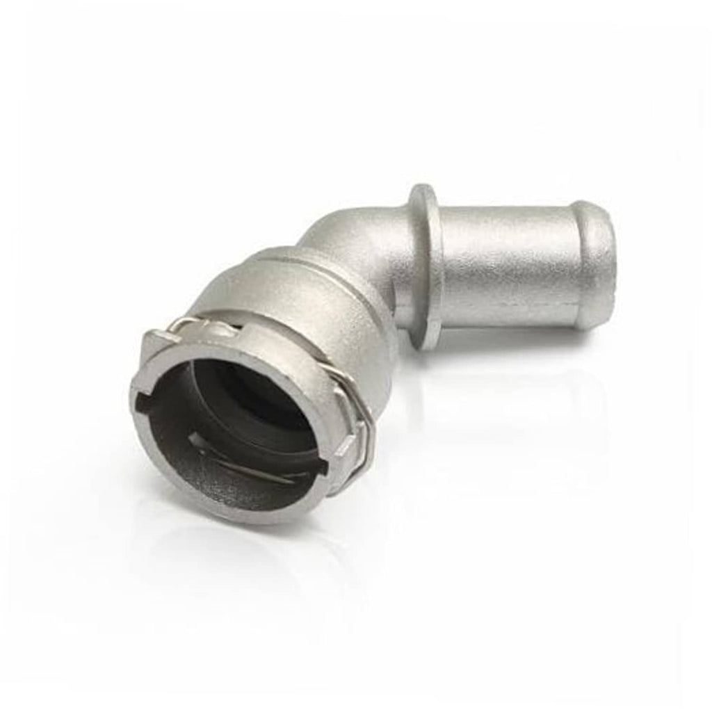 Silver aluminum water coolant hose connector pipe with black rubber seal and clamp