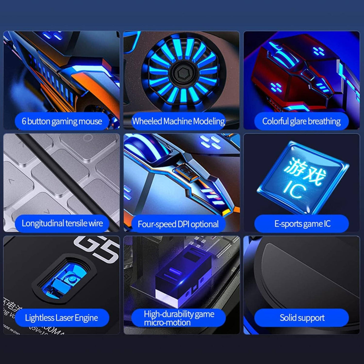 RGB wired gaming mouse with blue wheel glow and light bars, black with orange trim