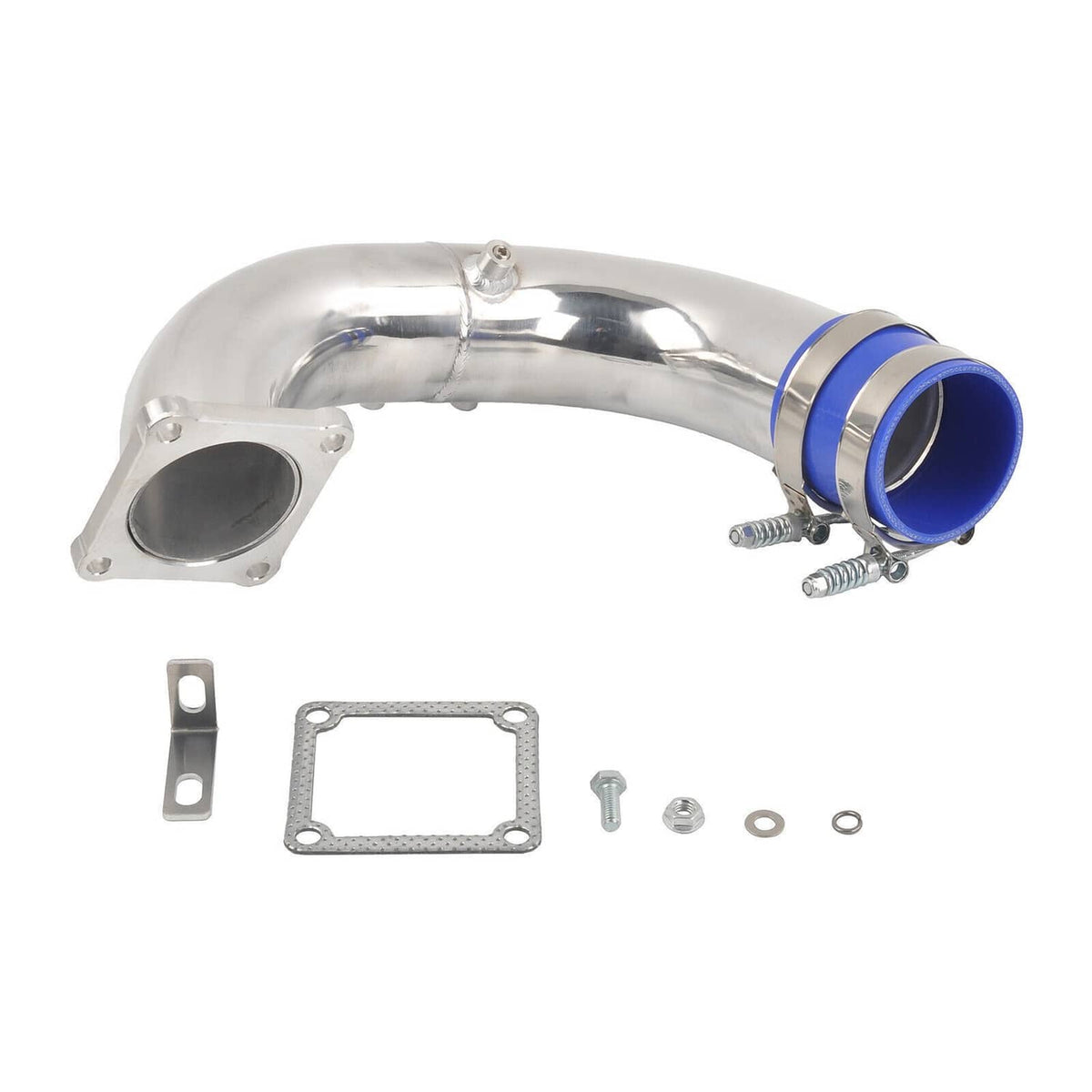 Polished air intake elbow charge pipe with blue silicone coupler and included hardware
