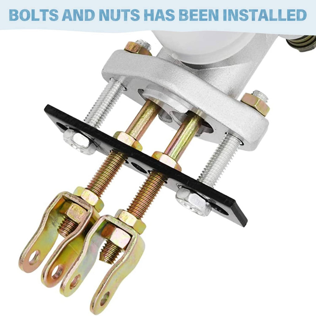 Hydraulic brake master cylinder showing installed link rods, bolts, and mounting plate