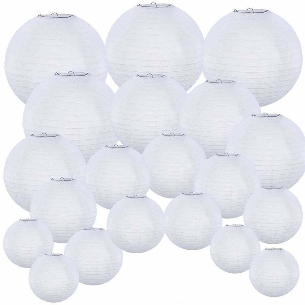Set of white round paper hanging lanterns with wire handles, assorted sizes