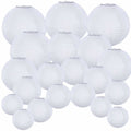 Set of white round paper hanging lanterns with wire handles, assorted sizes