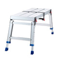 Adjustable folding work platform with ribbed aluminum top and blue grip foot pads