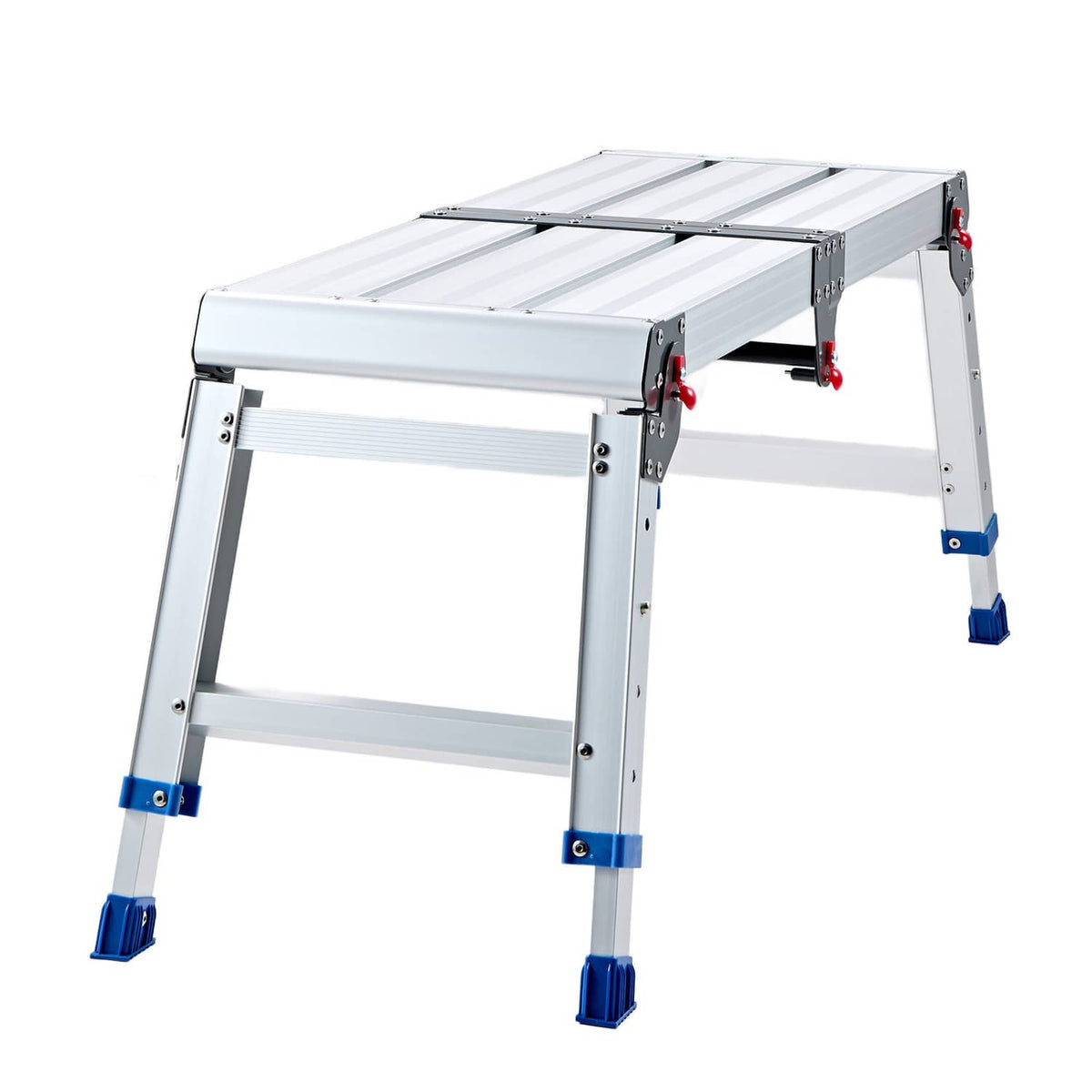 Adjustable folding work platform with ribbed aluminum top and blue grip foot pads