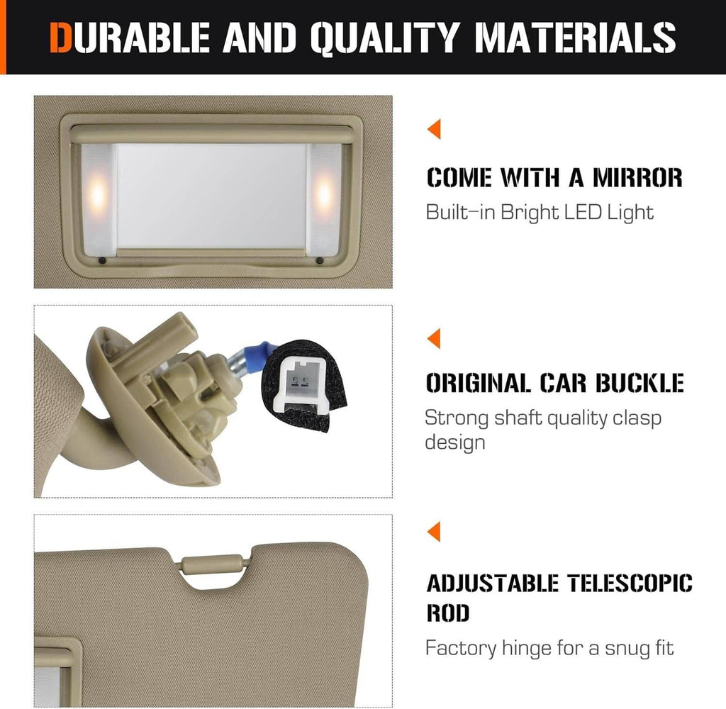 Beige left driver-side sun visor with bright LED light window and mounting features