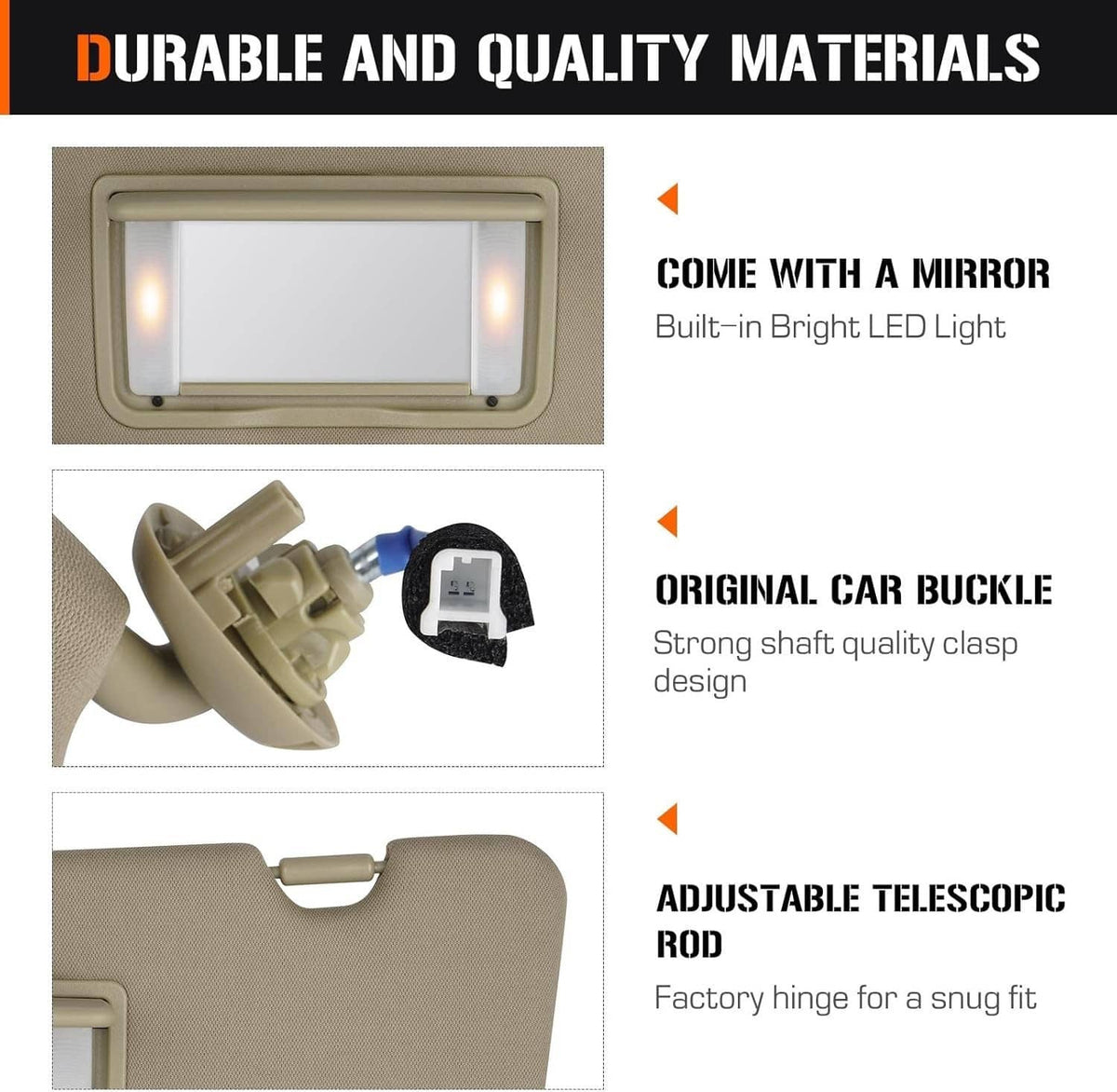 Beige left driver-side sun visor with bright LED light window and mounting features