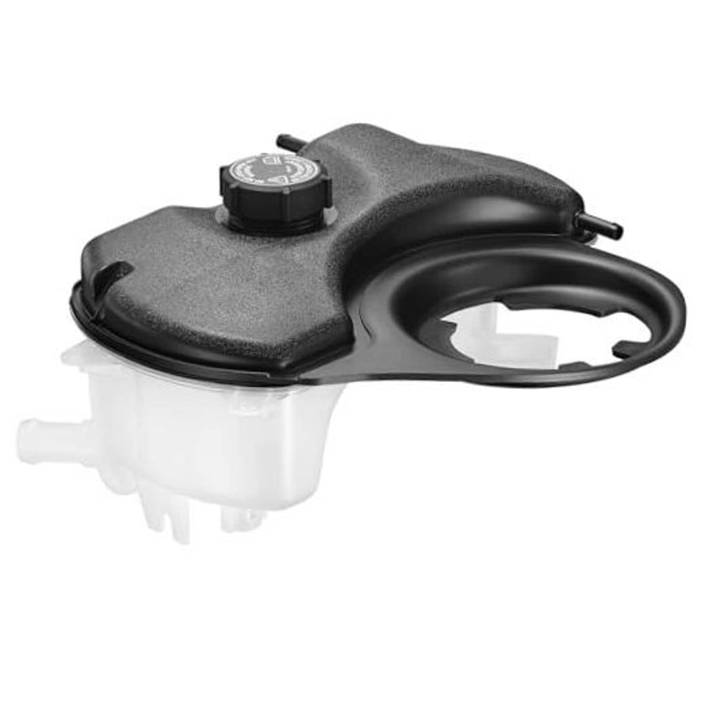 Engine coolant reservoir tank with black cap, gray top cover, and white plastic body