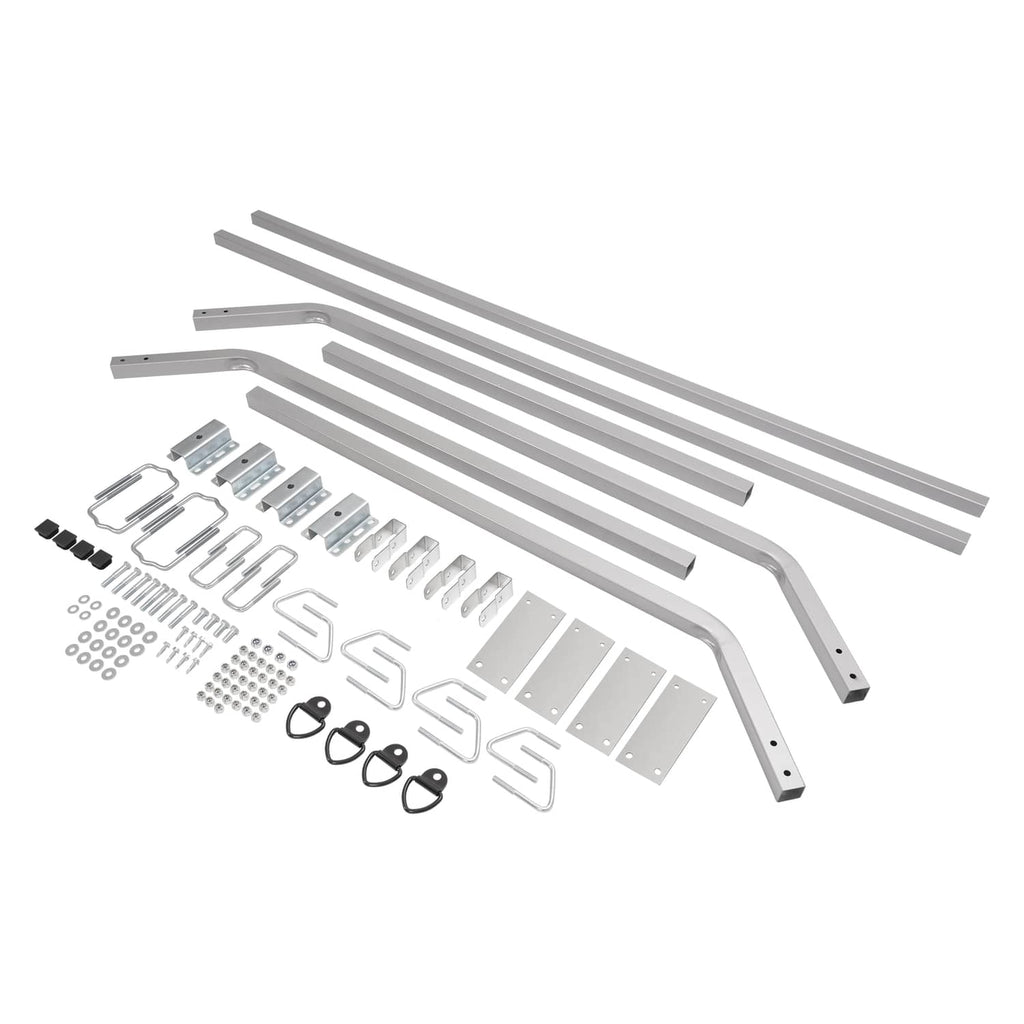 Trailer cross bar system kit parts set with metal rails, braces, plates, and fasteners