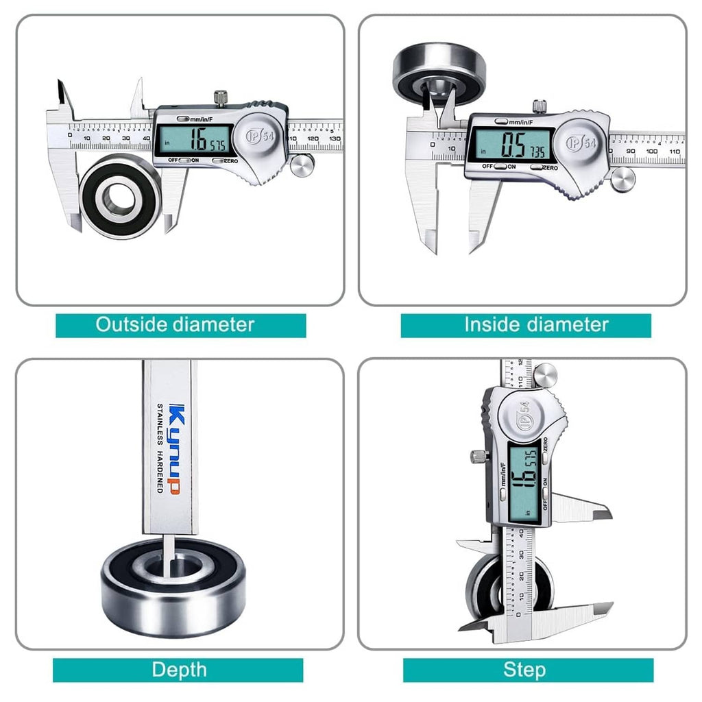 Digital caliper diagrams for outside diameter, inside diameter, depth, and step