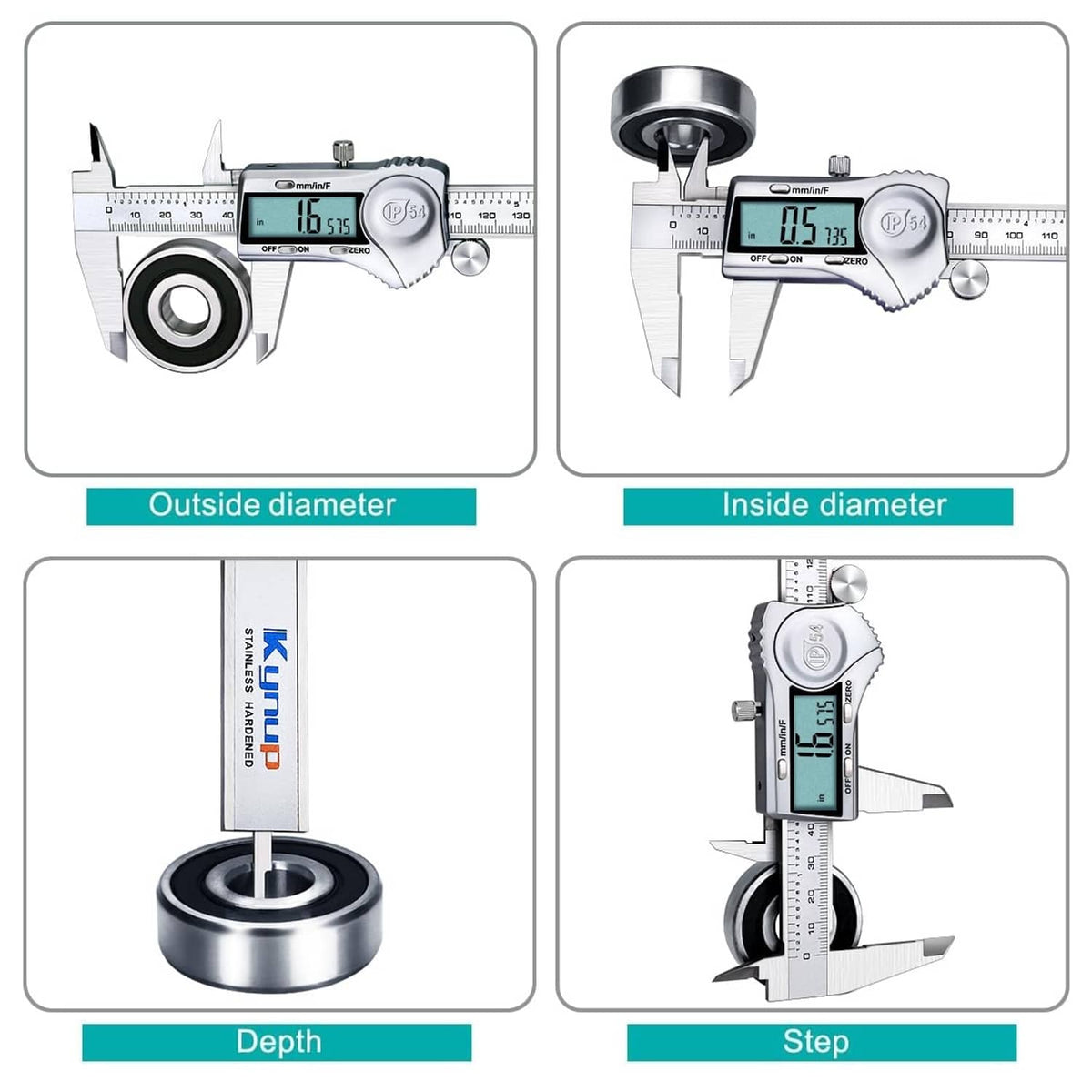 Digital caliper diagrams for outside diameter, inside diameter, depth, and step