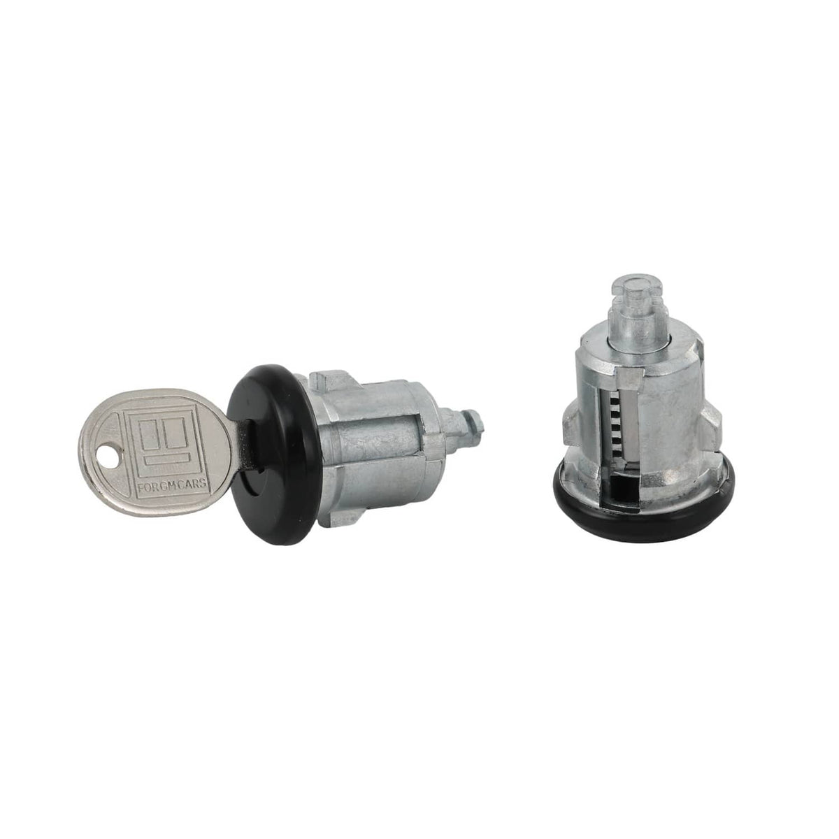 Lock cylinder set with two keys and two cylinders with black and silver housings