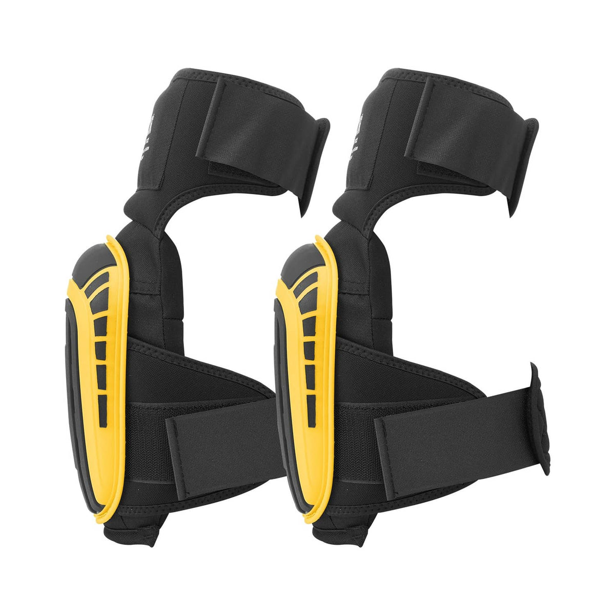 Black and yellow knee pads with foam cushioning and hook-and-loop straps, anti-slip