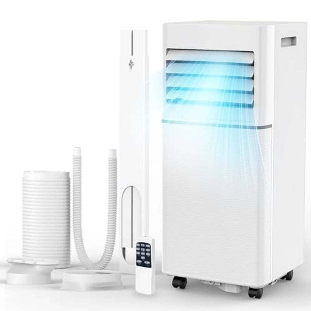White portable air conditioner unit with exhaust hose and side control panel on wheels