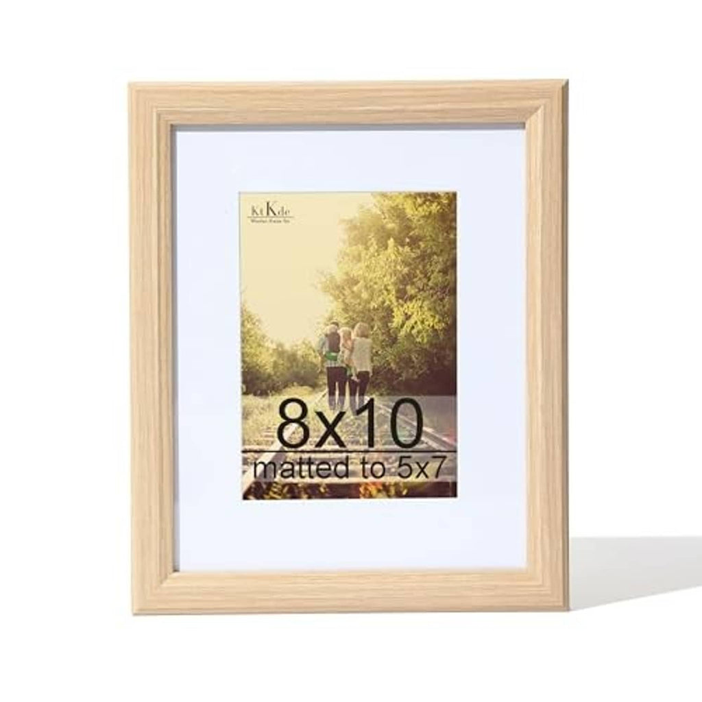 Natural woodgrain picture frame with white mat and real glass, standing 8x10 photo