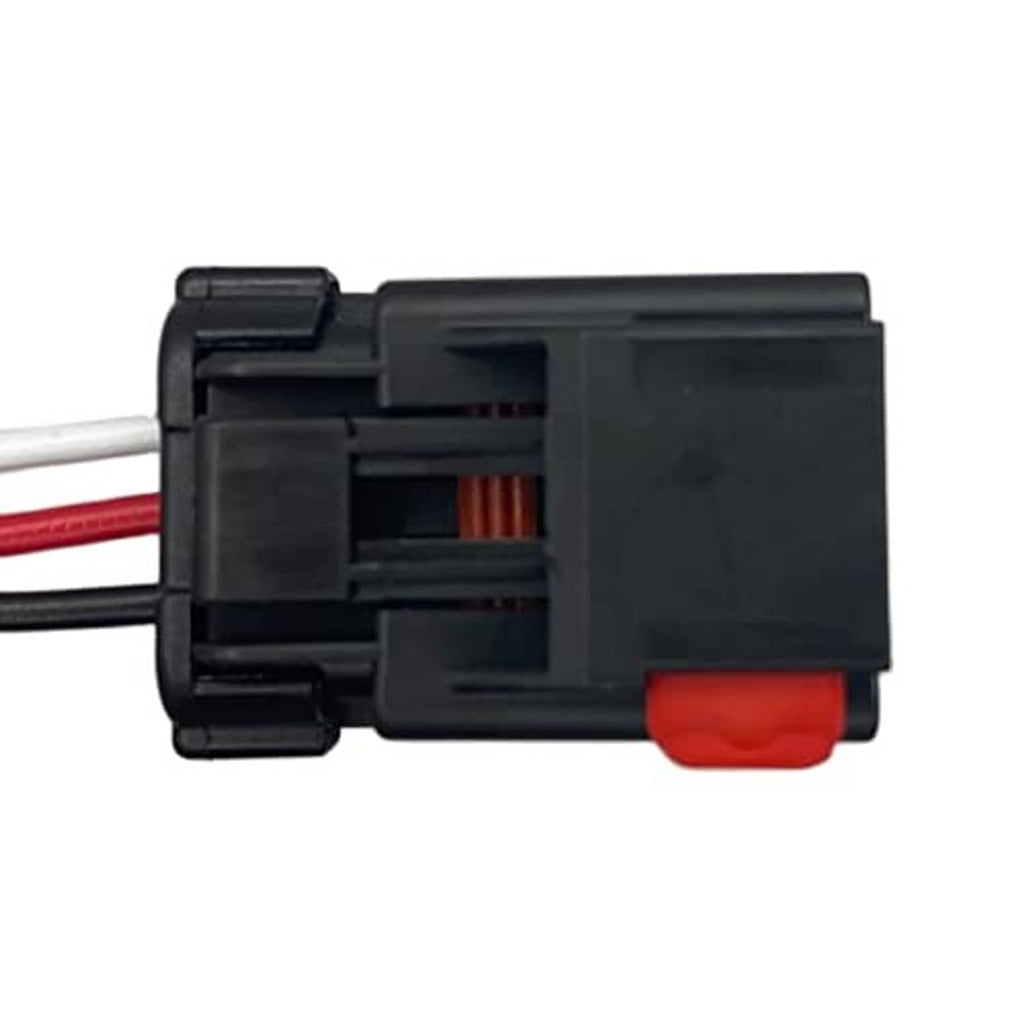 Camshaft sensor connector with red and black wires and black plastic housing