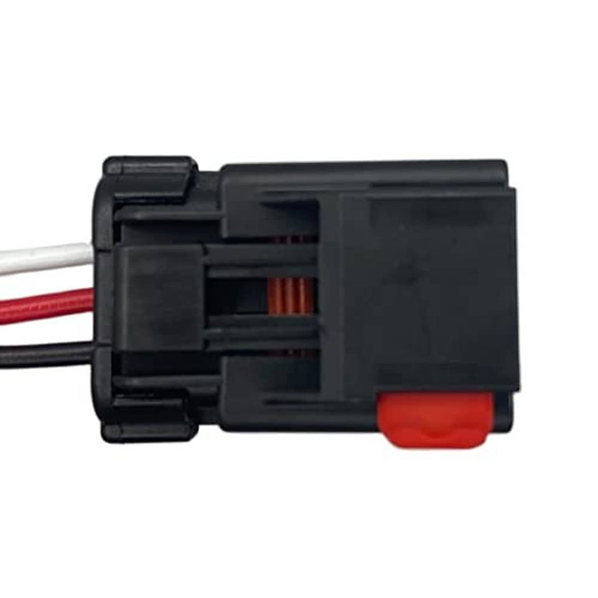 Camshaft sensor connector with red and black wires and black plastic housing