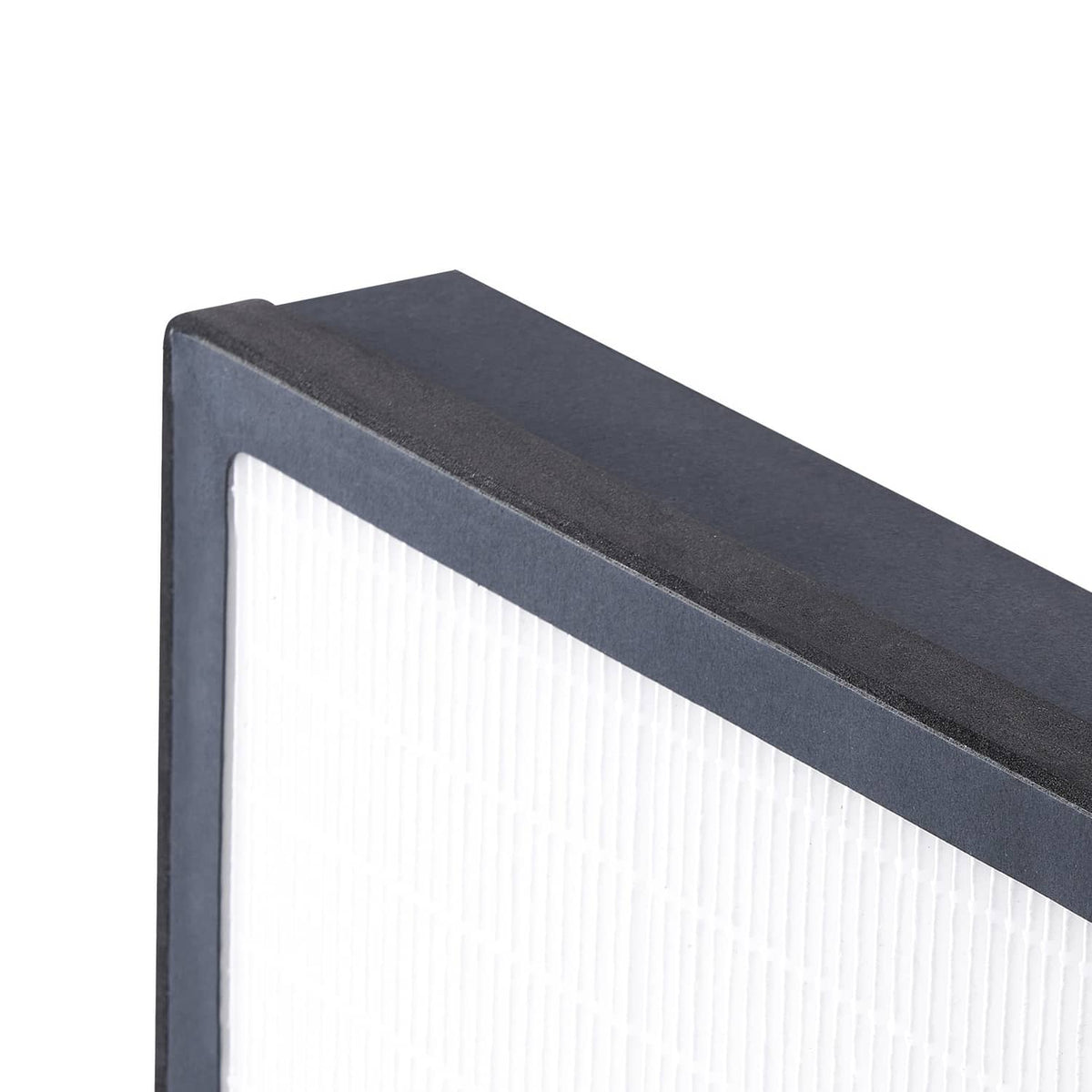 HEPA air filter replacement edge with white pleated media and gray housing