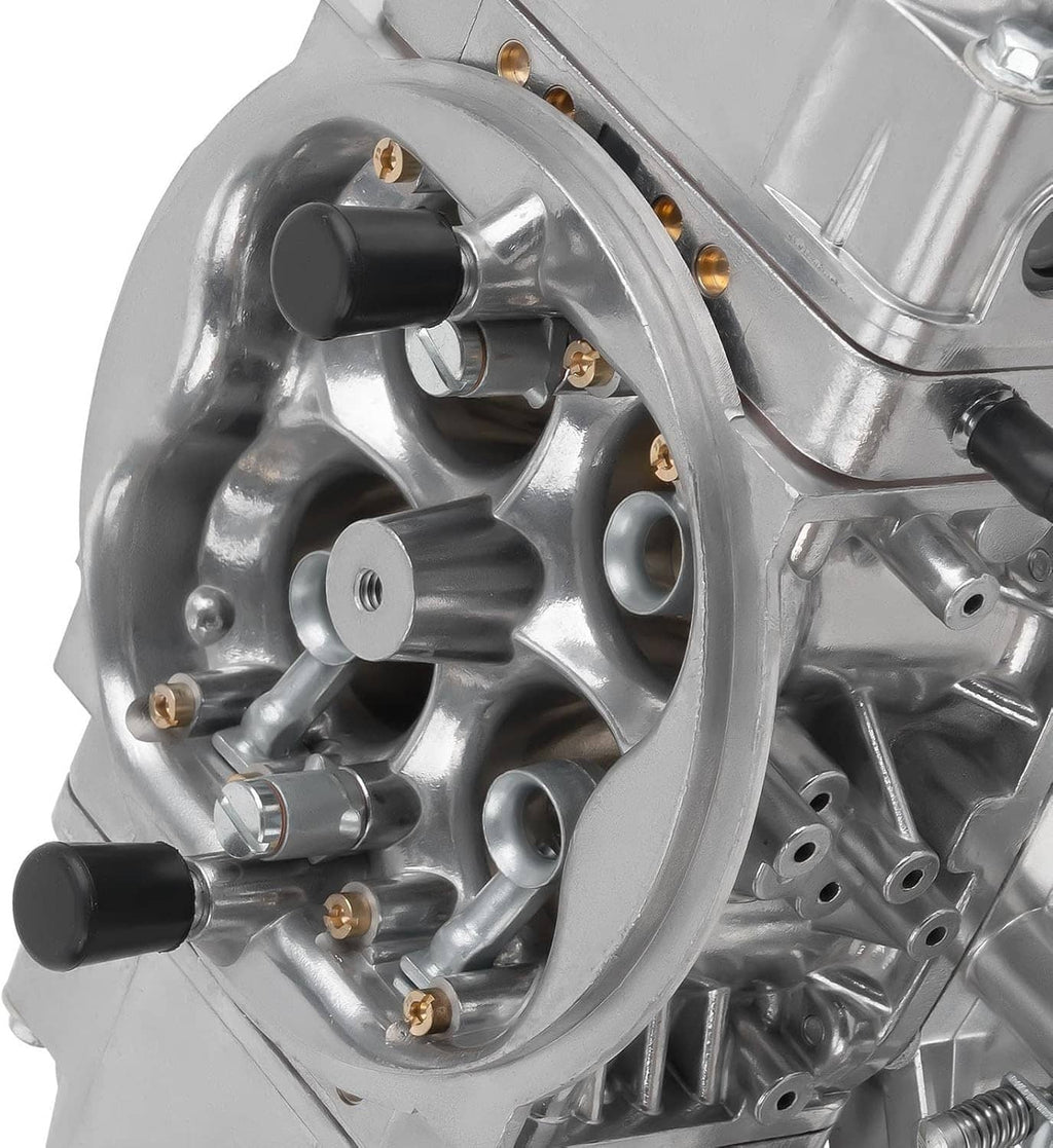 Back view of four-barrel mechanical carburetor with round intake opening