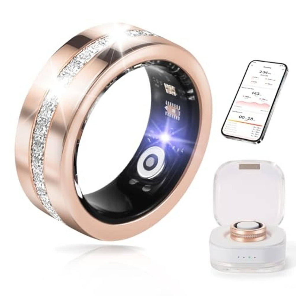 Rose gold smart health ring with black display and charging case with spare module