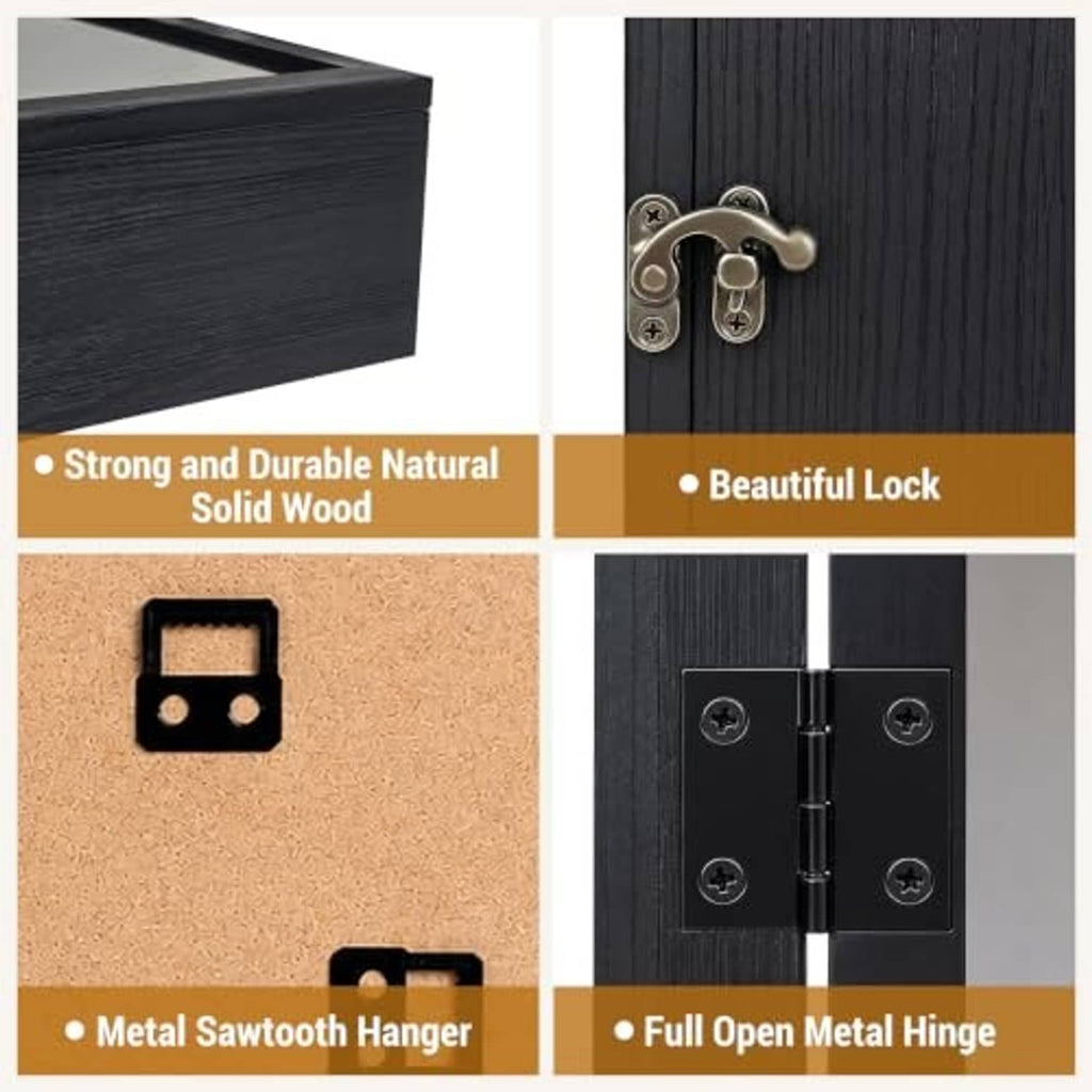 Black pine wood shadow box frame hardware set: metal sawtooth hanger and open hinge
