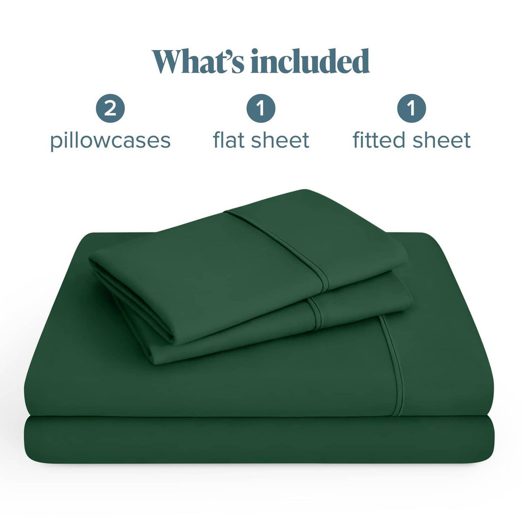 Forest green microfiber fitted and flat bed sheets, neatly folded set
