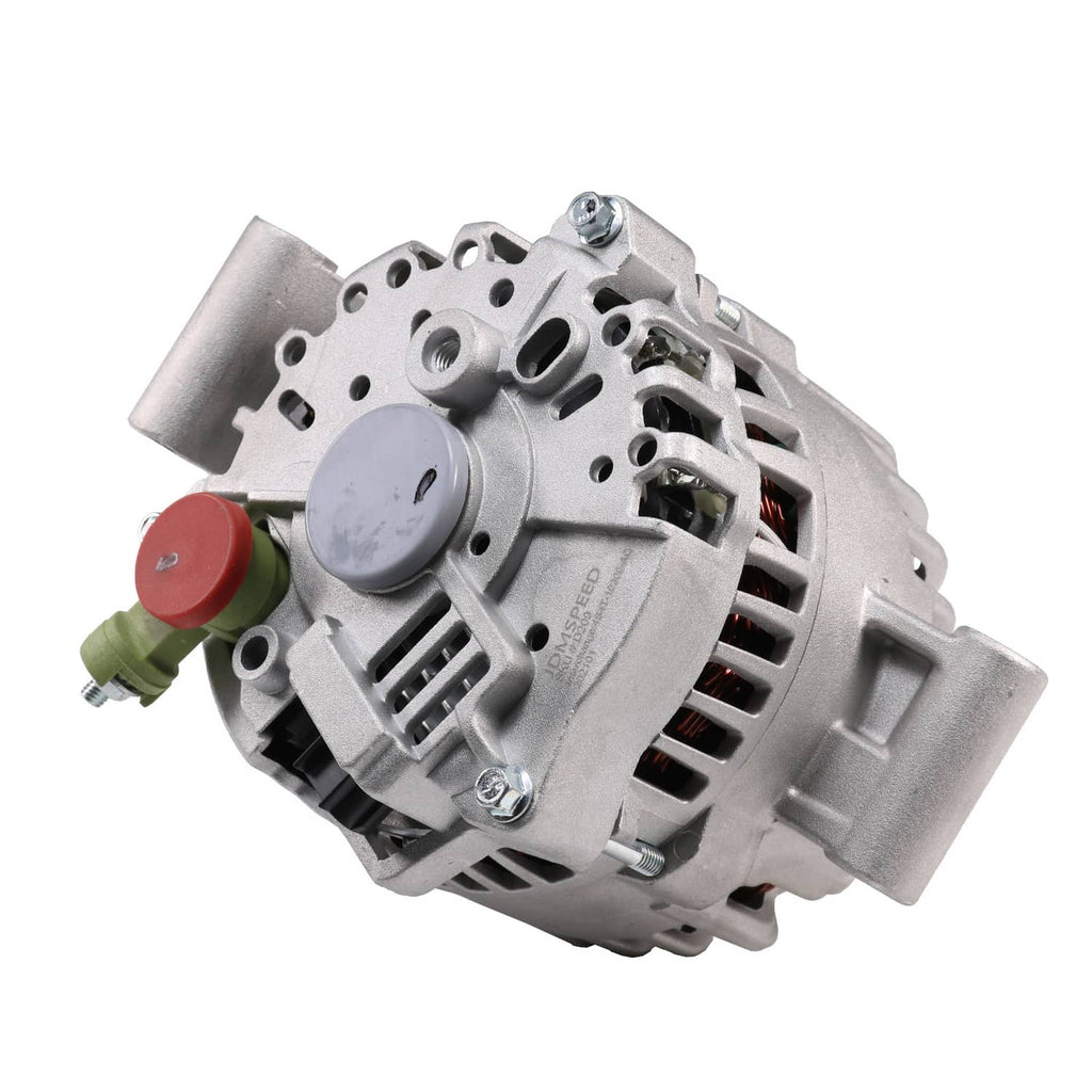 Automotive alternator rear-side view with vent slots and red/green connector parts