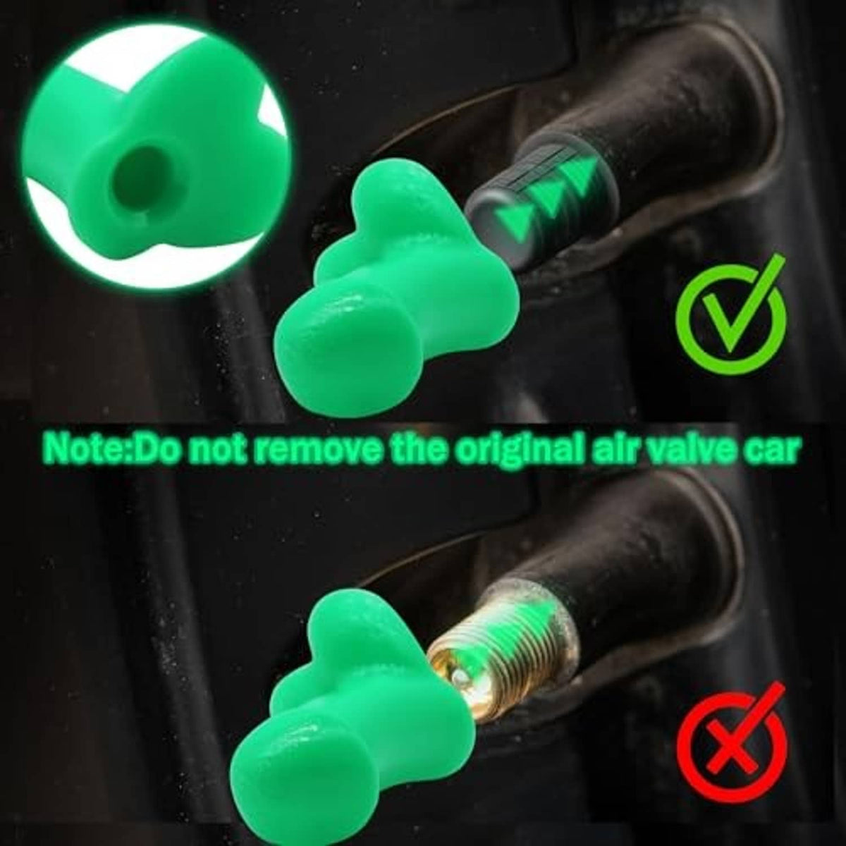 Green novelty tire valve stem caps on valve stems with check and warning icons