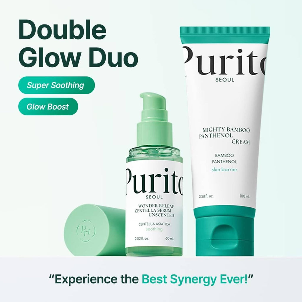 Skincare duo set: teal-capped tube, green pump serum bottle, and light teal jar