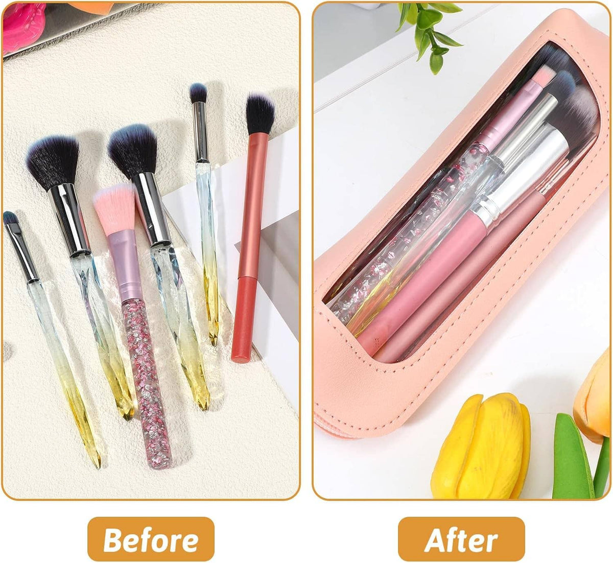 Pink clear makeup brush bag with transparent window, holding multiple makeup brushes