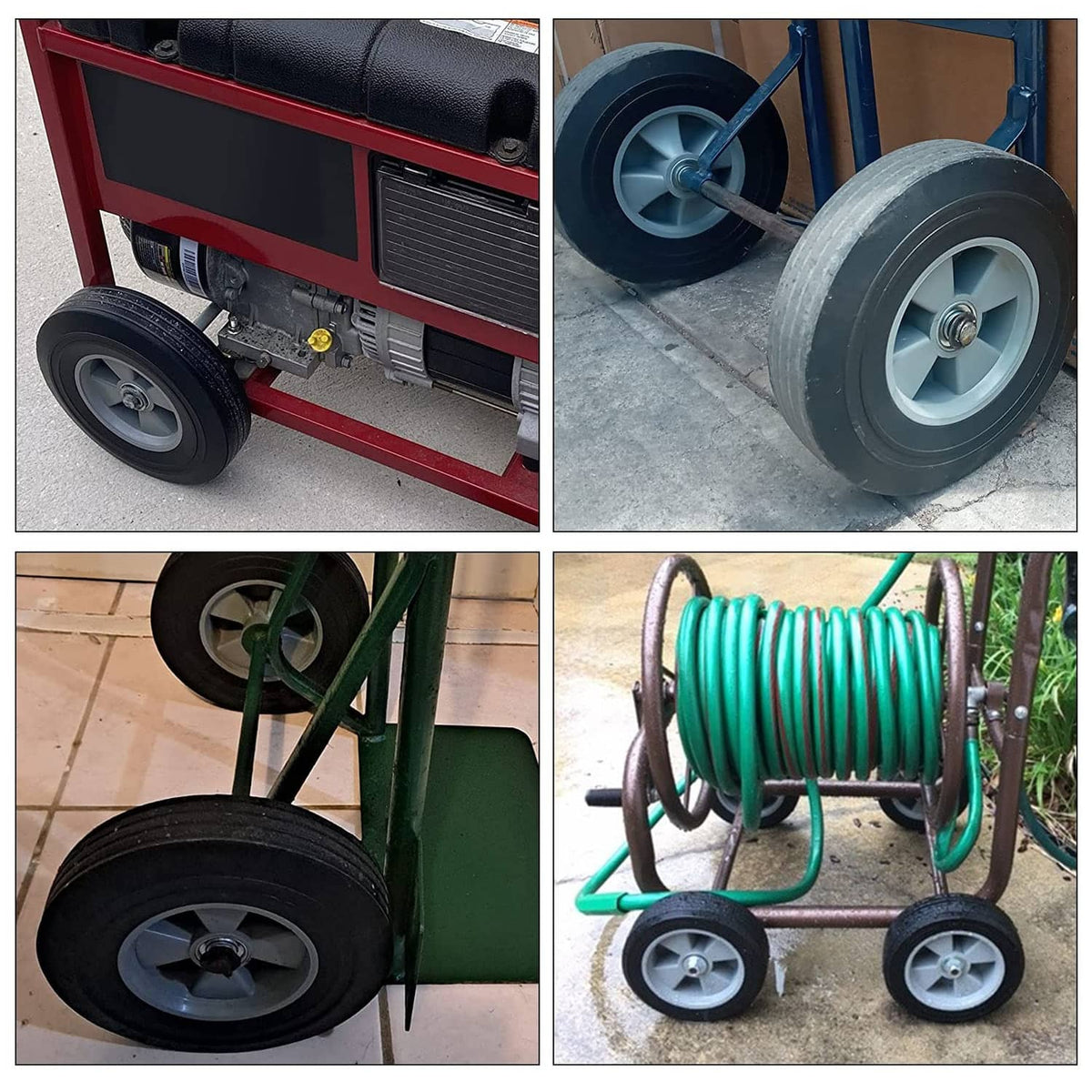 Hand truck with two black rubber wheels and silver spoke rims