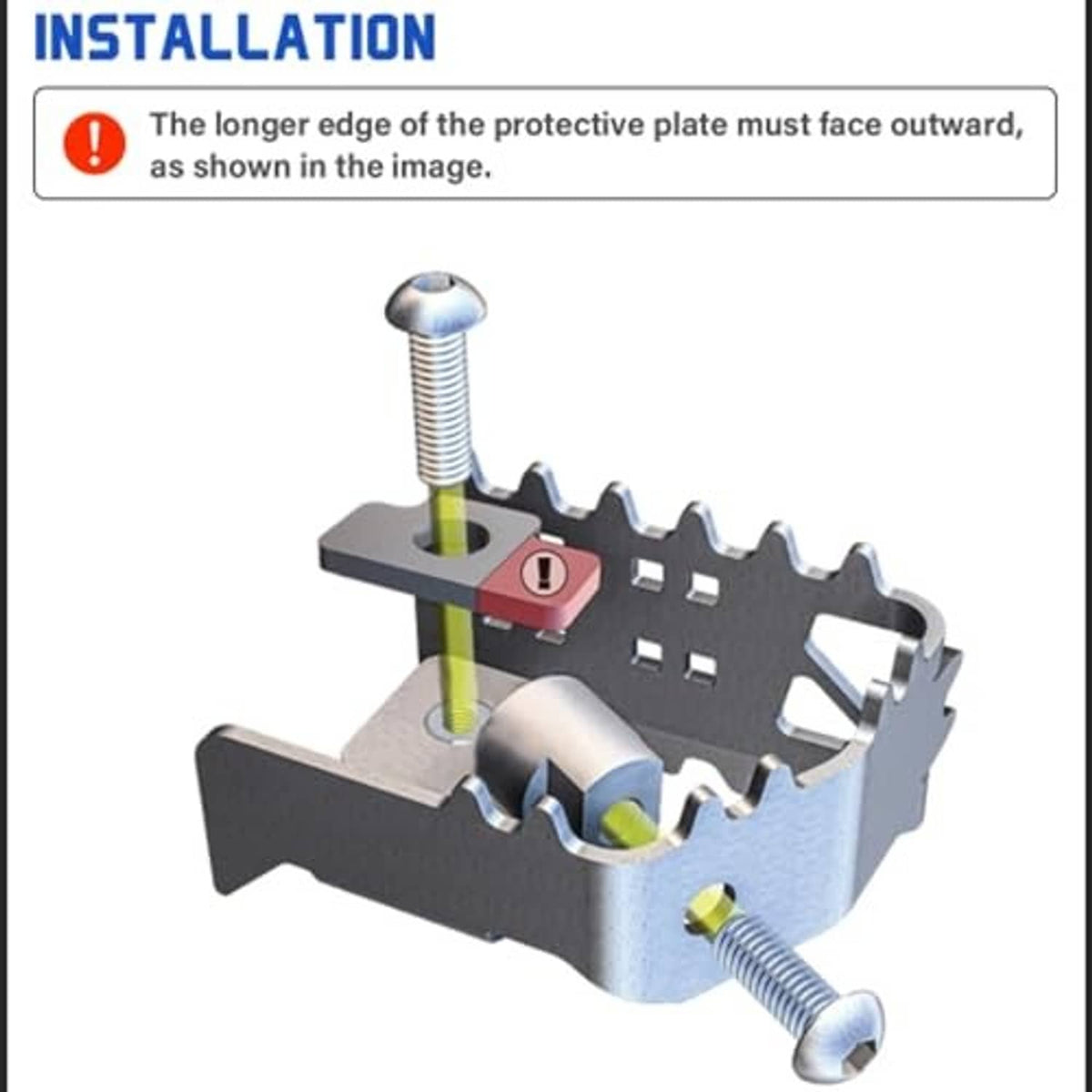 Footpeg bracket installation showing serrated plate and screws with protective plate