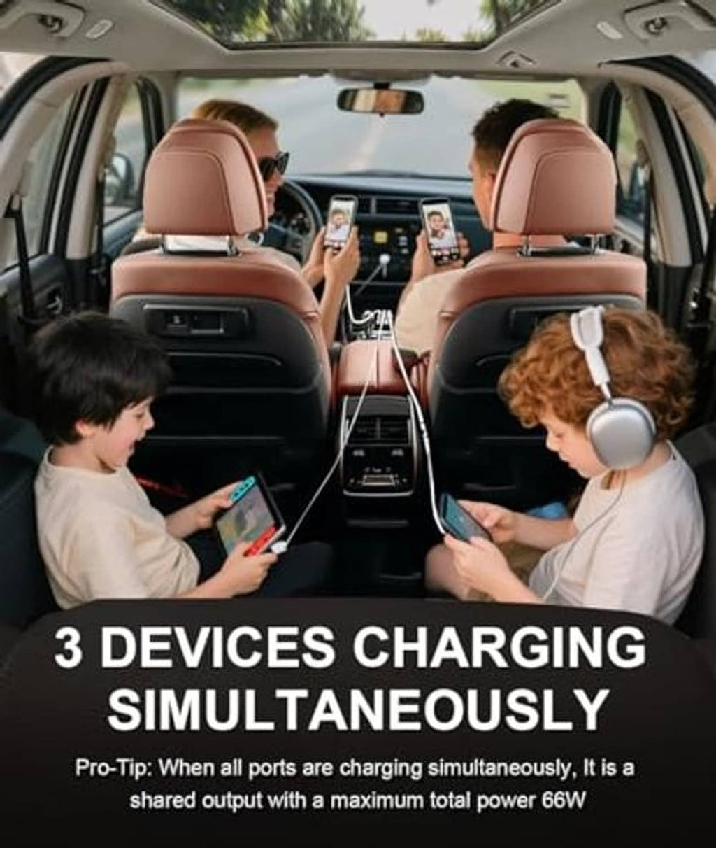 Car dashboard charging with built-in USB outlet and voltmeter, powering three devices