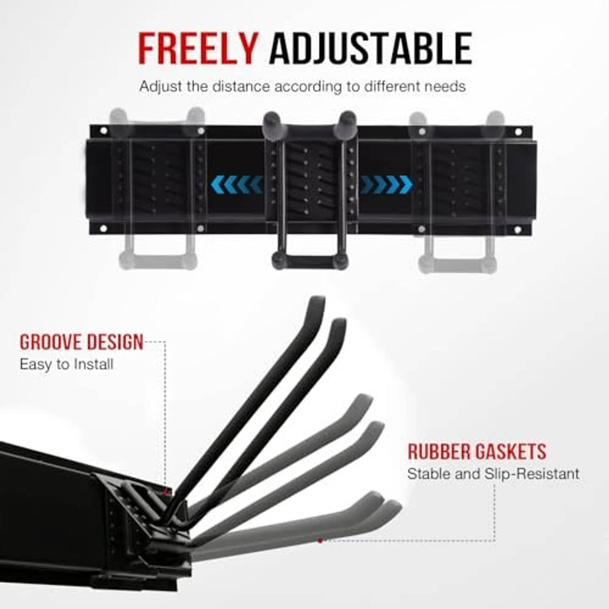 Freely adjustable black wall-mount tool rack with grooved design and rubber gaskets