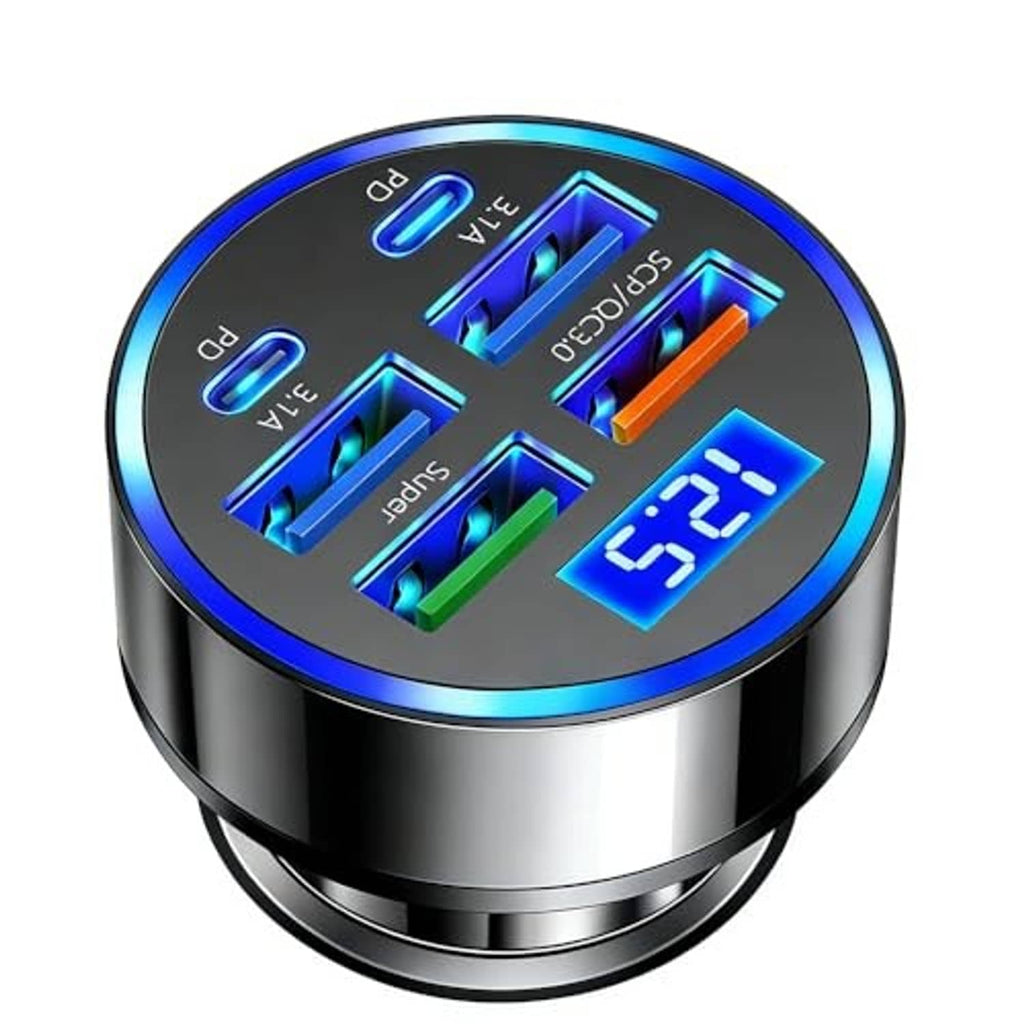 USB-C car voltmeter charger adapter with circular blue LED panel and chrome housing.