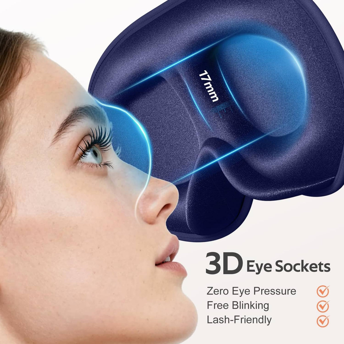 Blue 3D contoured sleep mask with curved eye cups and cushioned padding