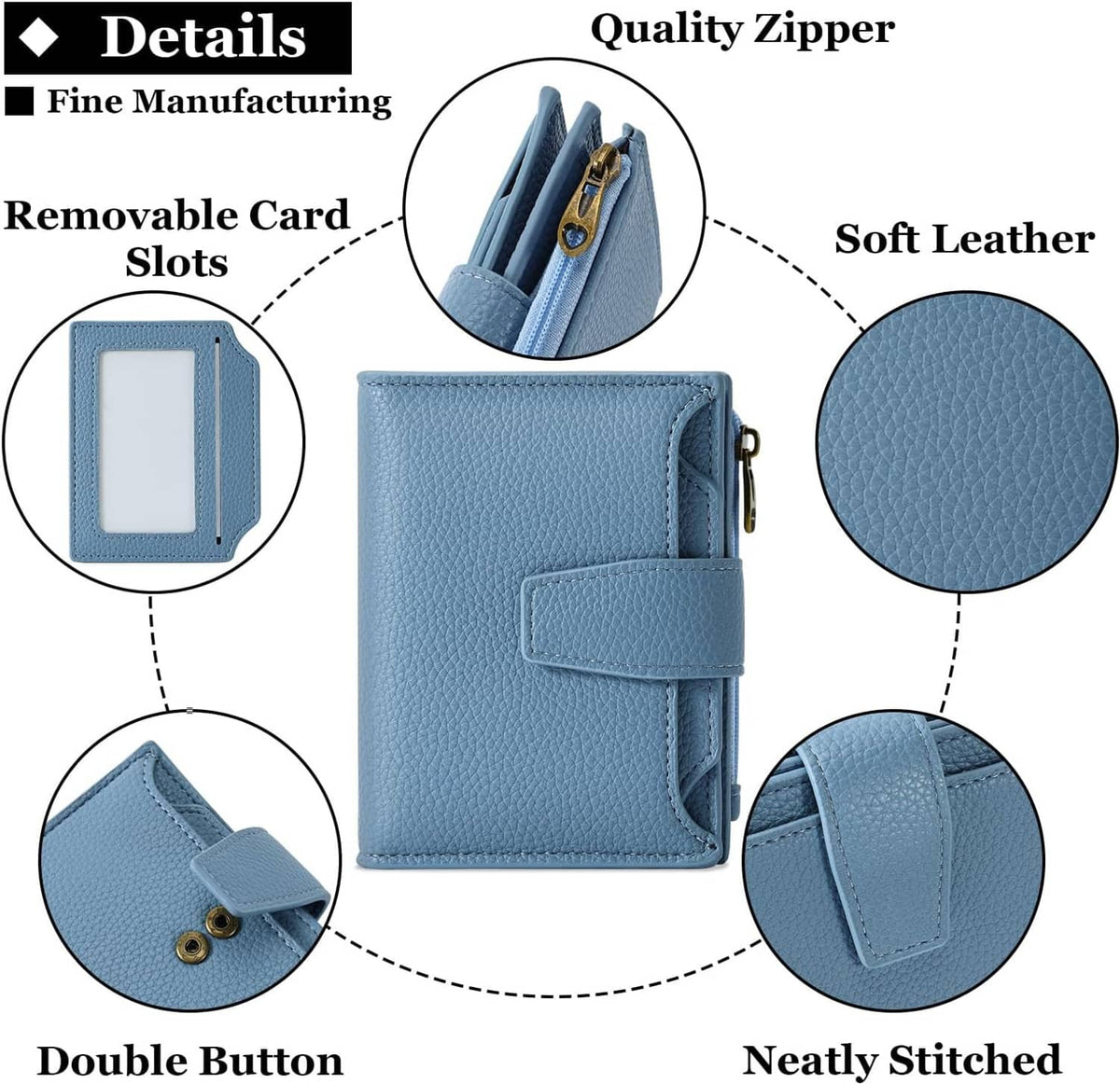 Sky blue small bifold wallet with stitched details, double-button tab, and zipper